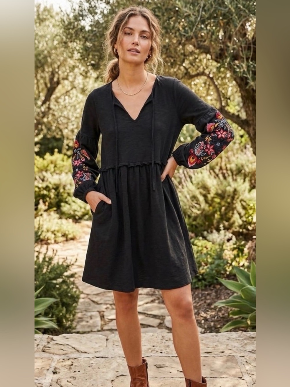 ASOS Black Floral Embroidered Sleeve Boho Smock Mini Dress US 12